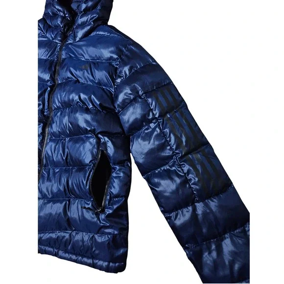 Adidas Itavic 3-Stripes Mens L Blue Hooded Puffer Jacket Full Zip Winter Coat